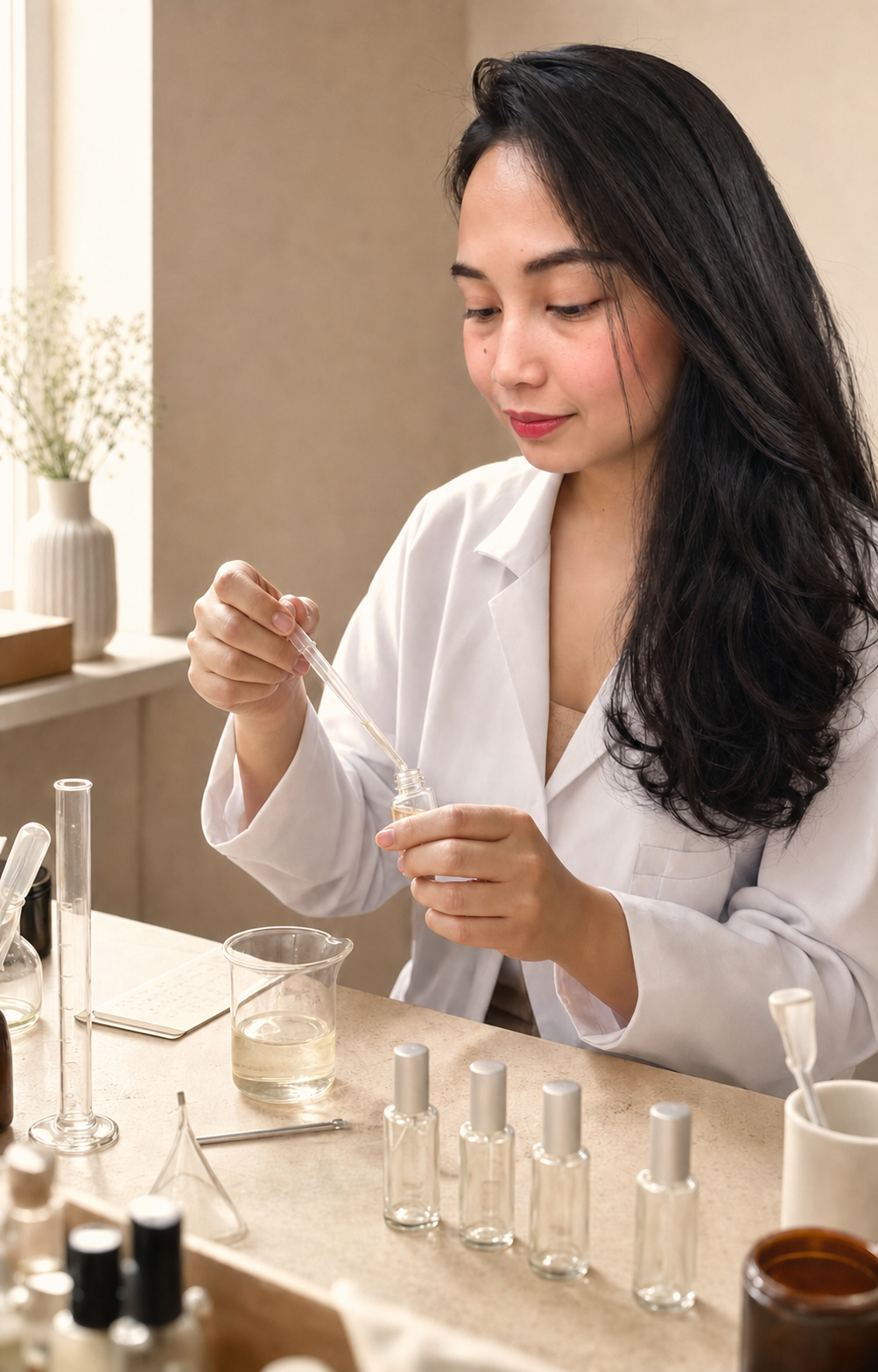 Elaine in a white lab coat carefully blending perfume by hand at a small formulation worktable