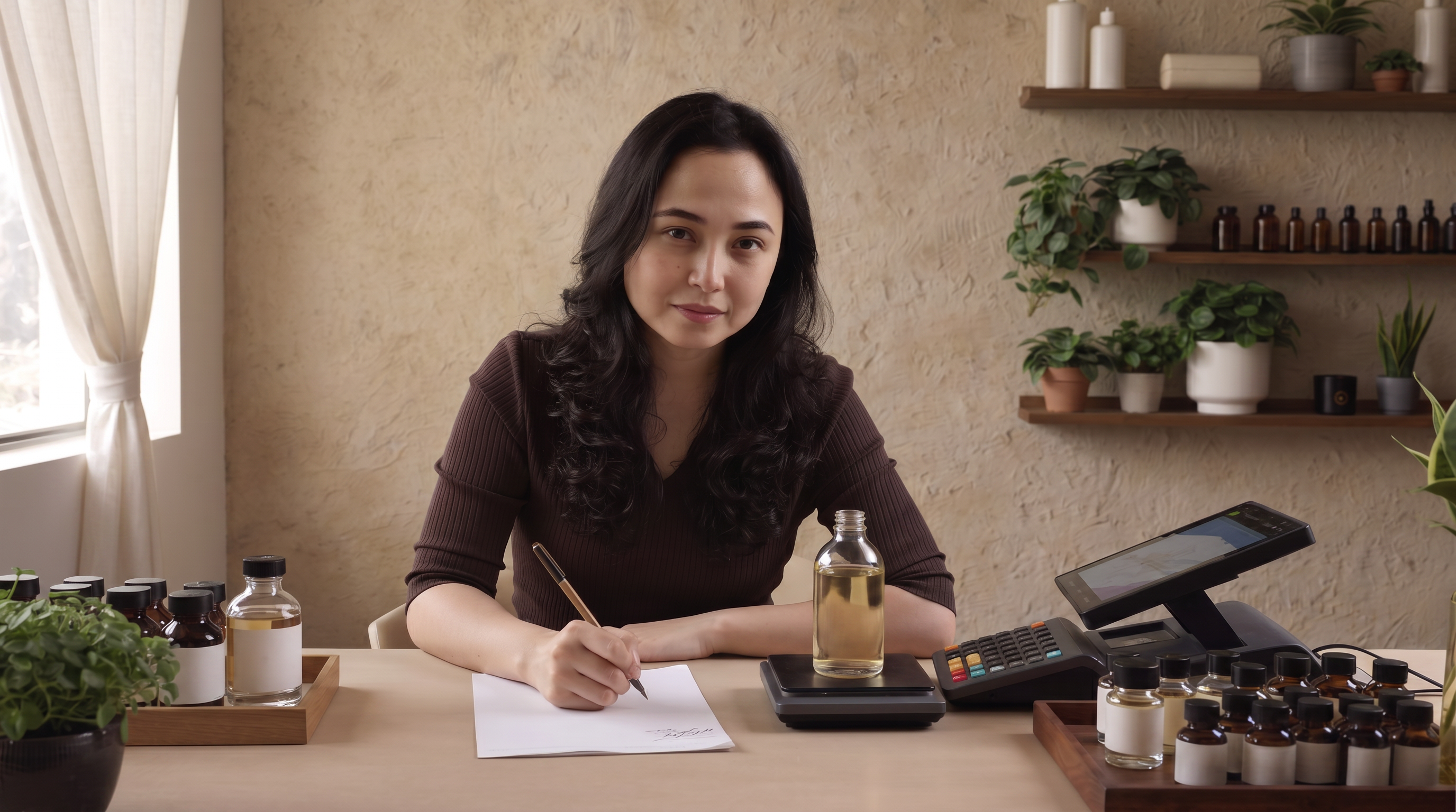 Elaine Balaswit recording a perfume batch beside a digital scale, batch sheet, raw-material bottles, and a finished bottle